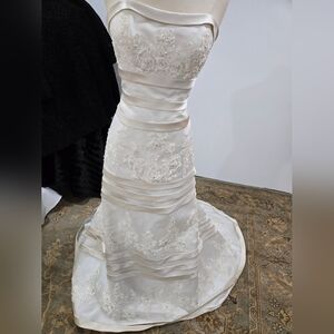 Symphony Bridal White Strapless Gown With Layers Of Champagne Ribbon